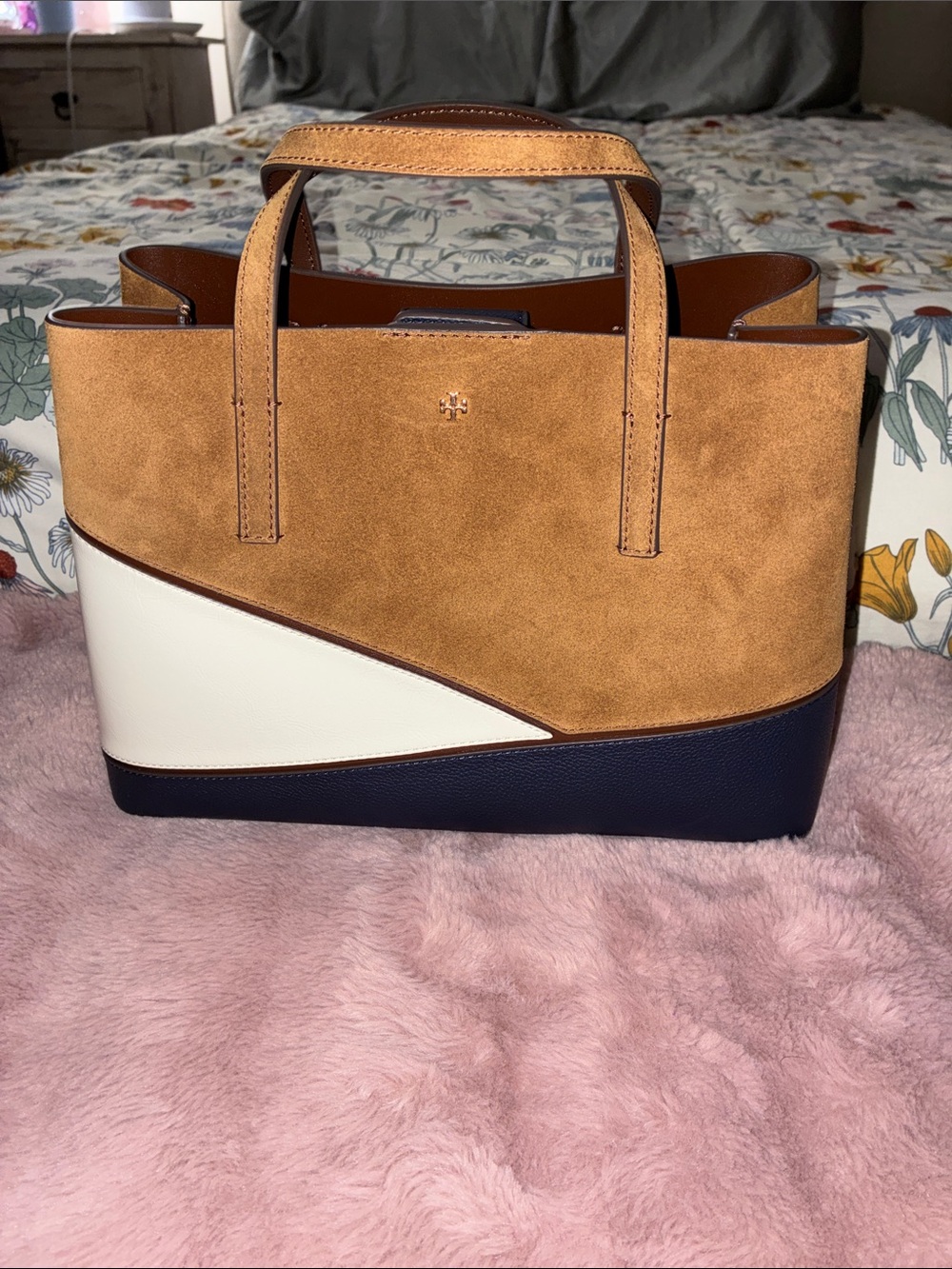 Tory Burch Camel, Navy & White Colorblock Suede Tote